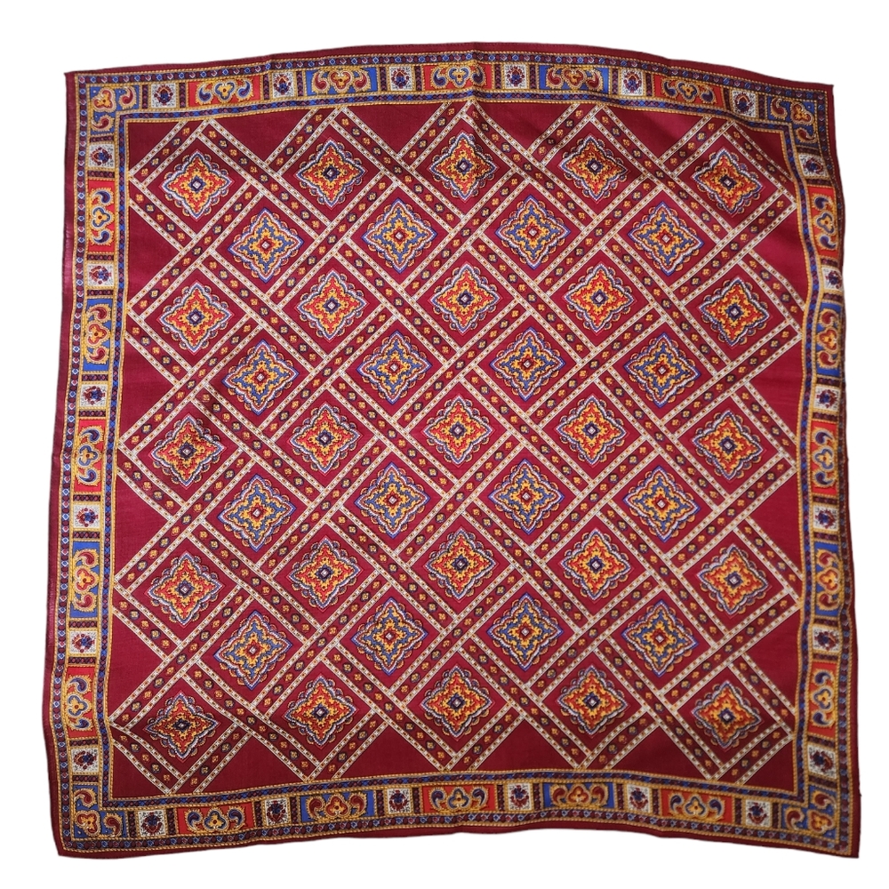 Vintage I. Magnin Red Wool Print Square Scarf 30 x 30 inches